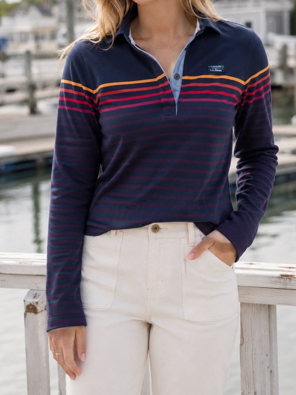 L.L. Bean Womens Rugby Henley Shirt Medium Petite Navy Striped Coastal Preppy